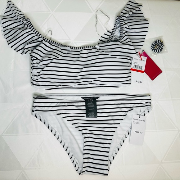 Vince Camuto  2 Pice White and Black Swimsuit  Stripe Bikini Size XS New - Picture 2 of 9